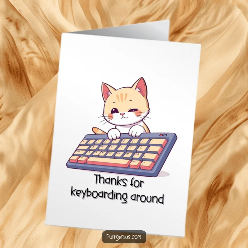 Funny Free Printable Thank You Card: A curious cat types a thank you note on a giant keyboard.