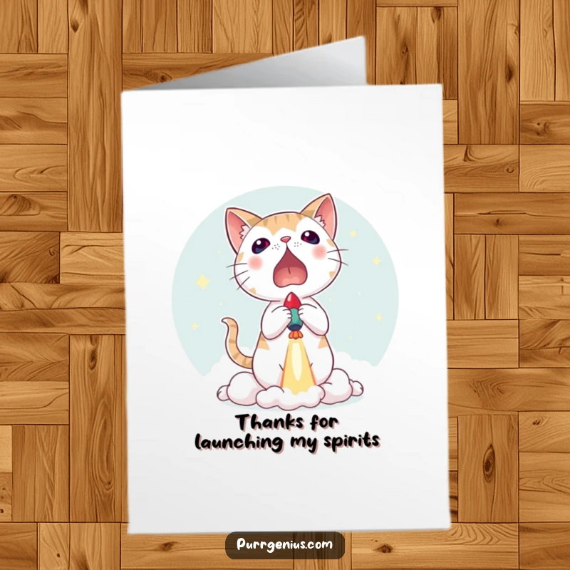 Funny Free Printable Thank You Card: Cat with wide eyes looking surprised as a tiny rocket blasts off, expressing thanks.