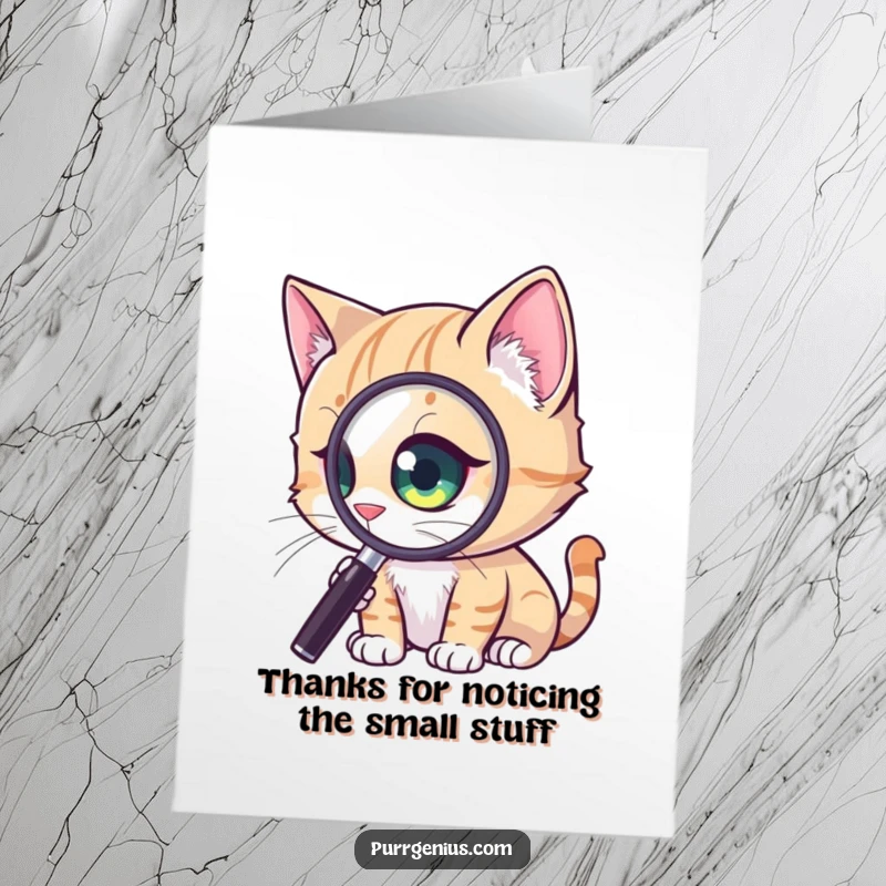 Funny Free Printable Thank You Card: A cat uses a magnified eye to attentively observe and appreciate a tiny detail.