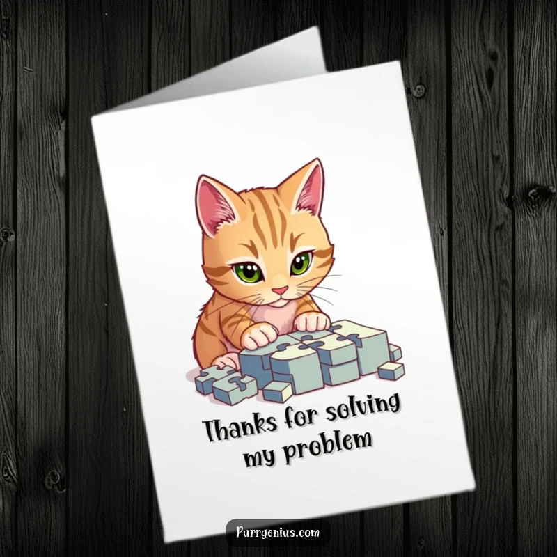 Funny Free Printable Thank You Card: Cat intently focused on a complex jigsaw puzzle, expressing gratitude.