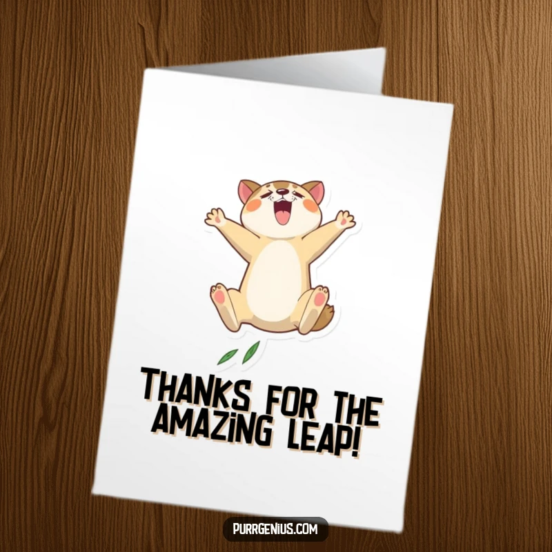 Funny Free Printable Thank You Card: An animal character leaping dramatically, expressing enthusiastic gratitude.
