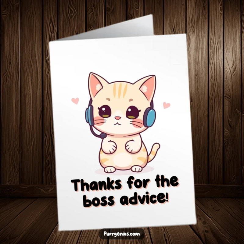 Funny Free Printable Thank You Card: A cat wearing a headset, confidently meowing instructions, thanking you for your great service.