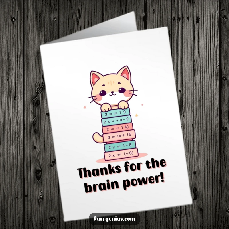 Funny free printable thank you card: A cute Kawaii cat precariously balances a stack of complex math equations. A smart downloadable!