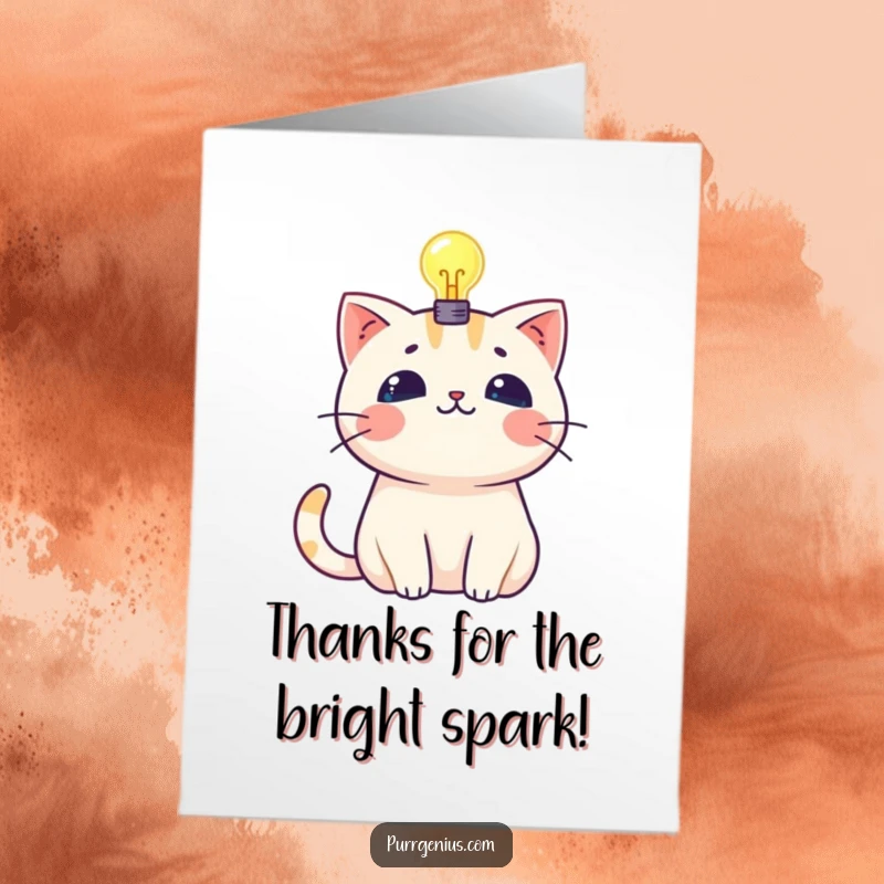 Funny Free Printable Thank You Card: A Kawaii cat has a glowing lightbulb above its head, thanking for a great idea.