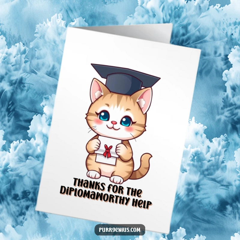 Funny free printable thank you card: a happy cat in a graduation cap holding a diploma, conveying thanks.