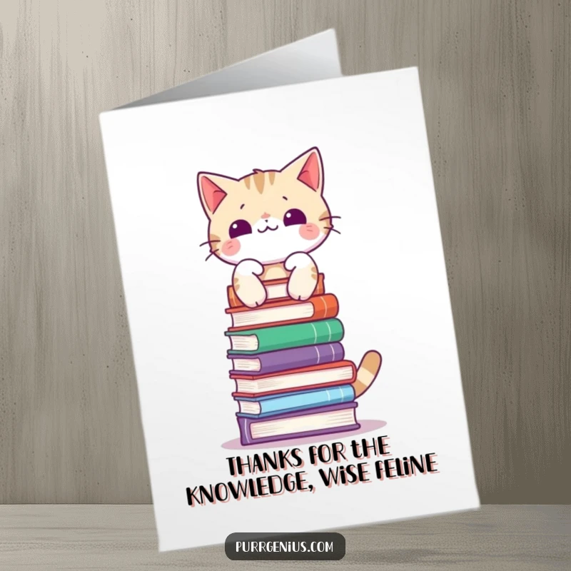 Funny Free Printable Thank You Card: A cat with impeccable balance precariously holds many books on its head.