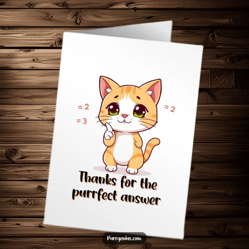 Funny Free Printable Thank You Card: Cat dramatically pointing at a complex equation, thanking them for brilliant assistance.