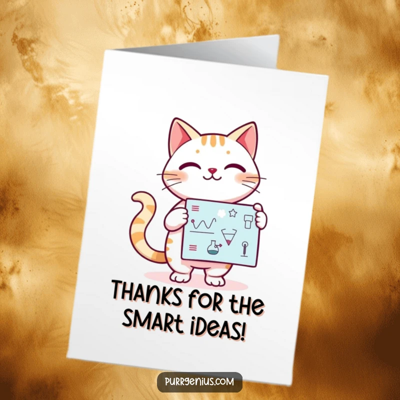 Funny Free Printable Thank You Card featuring a cute Kawaii cat confidently presenting a complex scientific diagram, thoughtfully saying thanks.