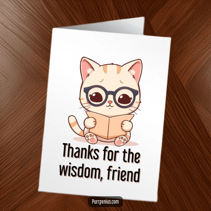Funny Free Printable Thank You Card: A Kawaii cat wearing spectacles reads a scroll, thanking for valuable knowledge.