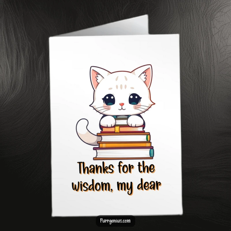Funny Free Printable Thank You Card: Feline scholar character with a pile of advanced books, looking thoughtful and grateful.