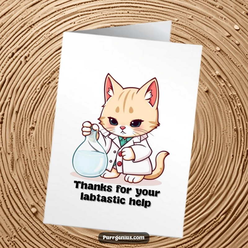 Funny free printable thank you card: a cat in a lab coat examining a beaker, thanking for scientific insight.