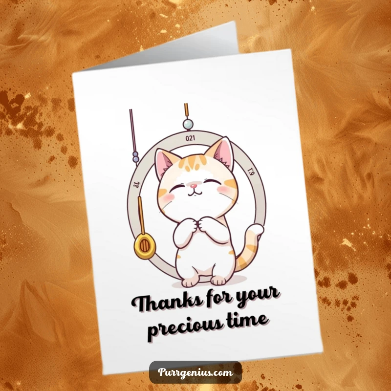 Funny Free Printable Thank You Card: A cat playfully bats at a pendulum, embracing the preciousness of time.