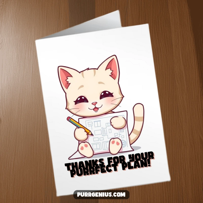Funny Free Printable Thank You Card: A cat looking pleased while drawing a detailed blueprint, showing appreciation for a clever plan.