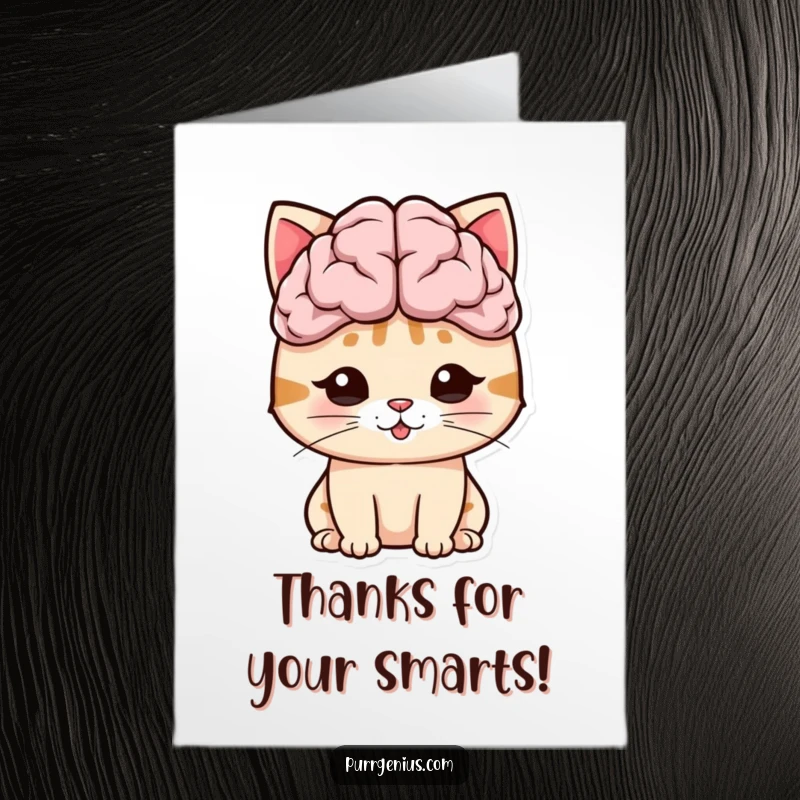 Funny Free Printable Thank You Card: Cat with a large brain symbol looks thankful and intelligent.