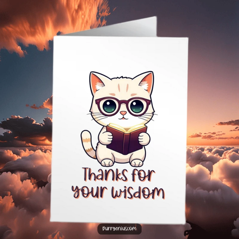 Funny Free Printable Thank You Card: Spectacled cat with glowing book offers thanks, a truly intelligent gesture.