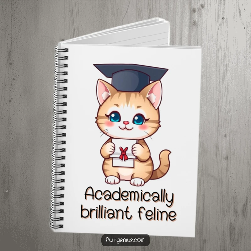 Funny Notebook: A cap-wearing cat with a diploma smiles, encouraging smart notes and humorous reflections.