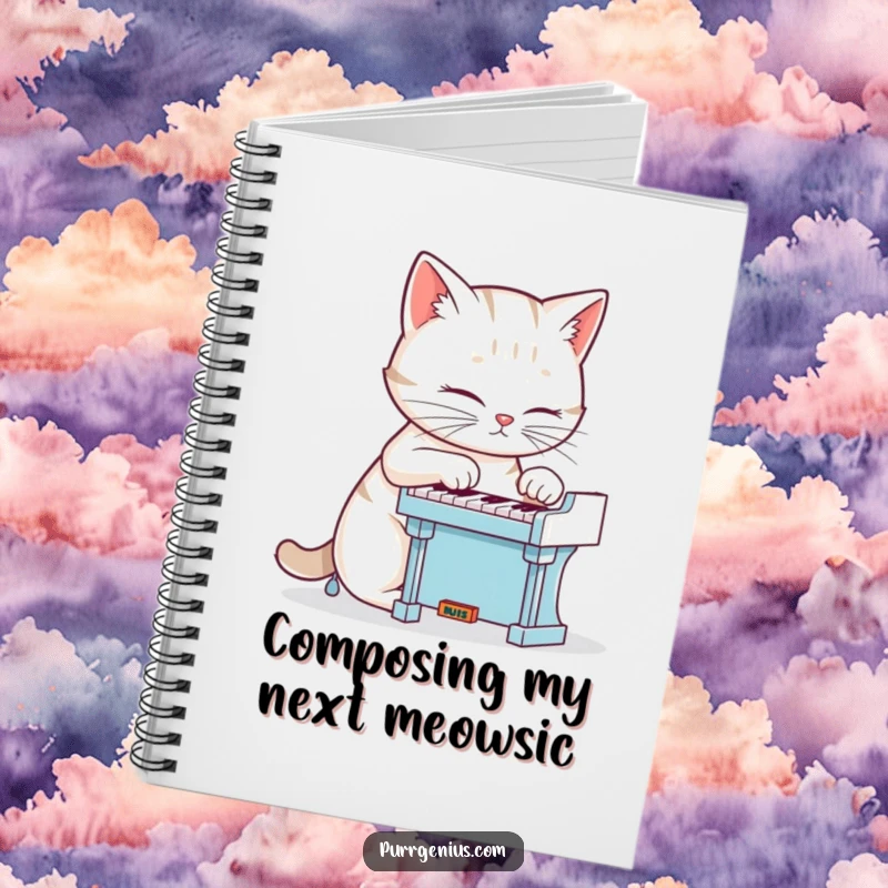 Funny cat playing a miniature piano, featured on the cover of a humorous notebook, a great gift for writers.