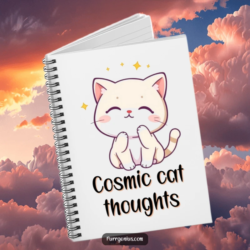 Funny Kawaii cat in a thinking pose looking at a constellation, cover of a notebook for jotting down ideas humorously.