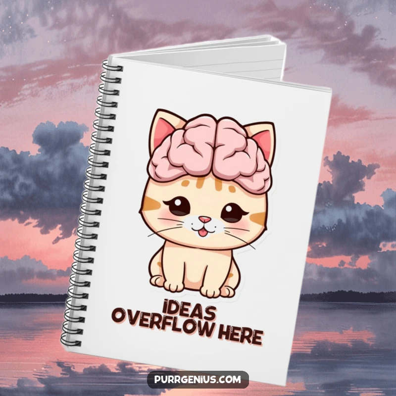 Funny cat character with an oversized brain symbol, inspiring brilliant thoughts on this notebook cover.