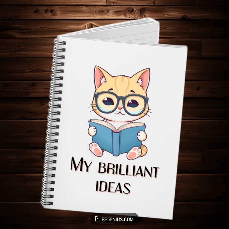 Notebook with a funny cat wearing spectacles reading a book on the cover, perfect for notes, thoughts, and creative writing.