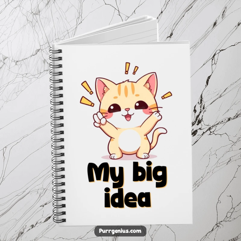 Funny notebook with a cute cat striking an 'aha!' pose, symbolizing inspiration and the capturing of new ideas.