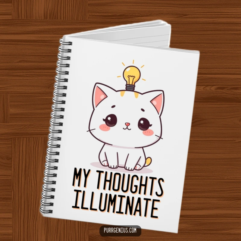 Funny notebook with a cute cat character with a glowing lightbulb, designed for capturing ideas, notes, and creative thoughts.
