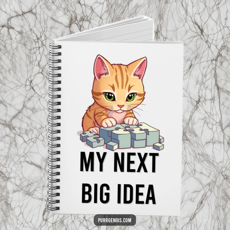Funny notebook with a cat intensely focused on a complex puzzle, great for jotting down notes, ideas, and thoughts with humor.