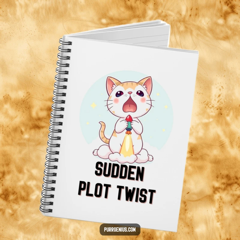 Funny notebook with a cat looking surprised as a tiny rocket launches, great for journaling sudden ideas and humorous observations.