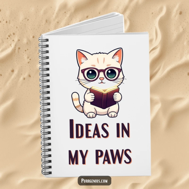 Funny notebook with a cute cat character wearing spectacles, holding a glowing book, designed for note-taking and creative writing.