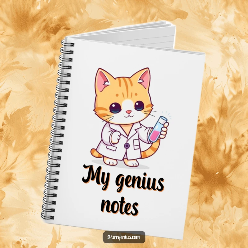 Funny cat scientist in a lab coat examining a test tube, inspiring creativity on the cover of this notebook.