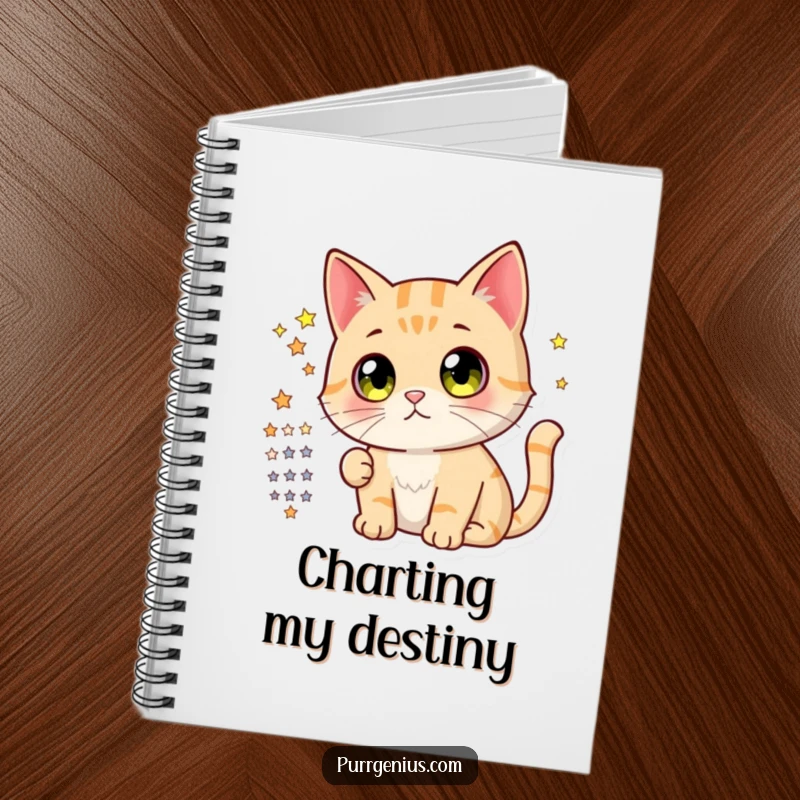 Funny notebook with a cute cat having large, curious eyes focused on a star chart, inspiring exploration and creativity.