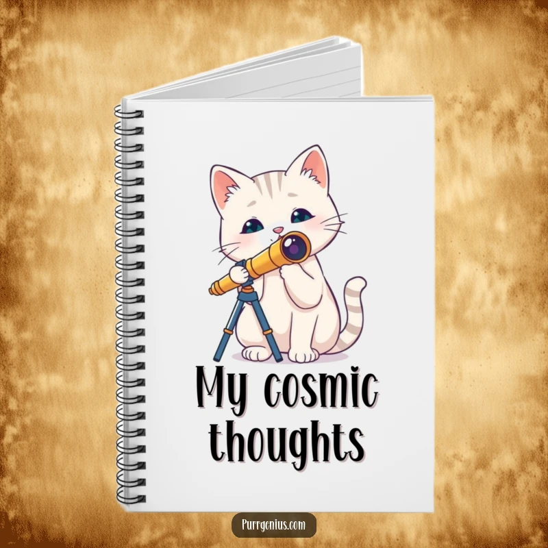 Funny notebook with a cat holding a tiny telescope on the cover, ready for jotting down notes and ideas, inspirational and humorous.