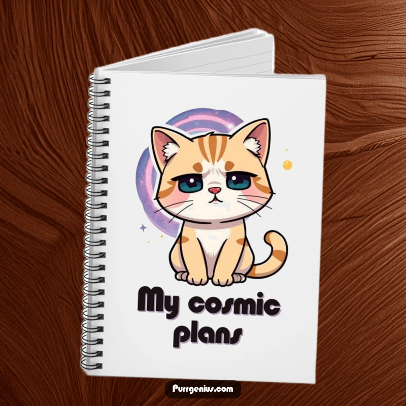 Funny cat with a furrowed brow pondering a swirling galaxy, ready to write. This notebook is perfect for deep thinkers.