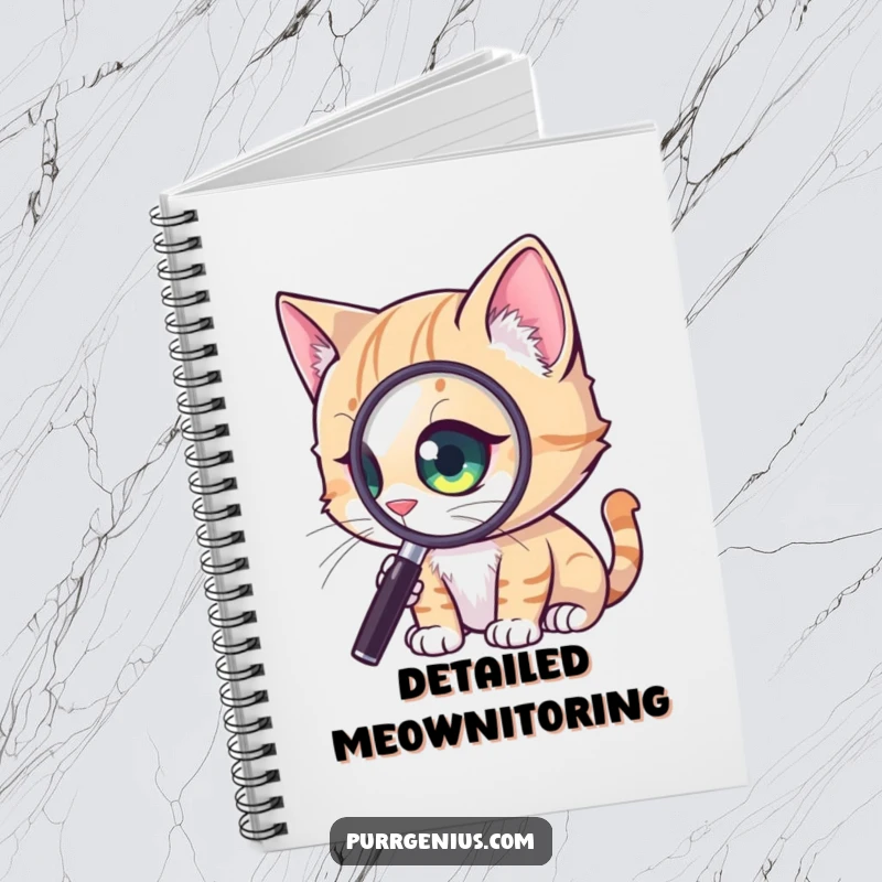 Funny Curious Cat Notebook: a cat with a magnified eye, intently studying a tiny detail, ideal for documenting observations, a unique funny gift.