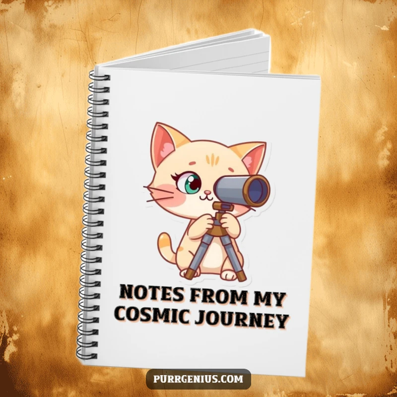 Funny notebook with a curious cat character looking through a telescope, ideal for noting down discoveries and dreams.