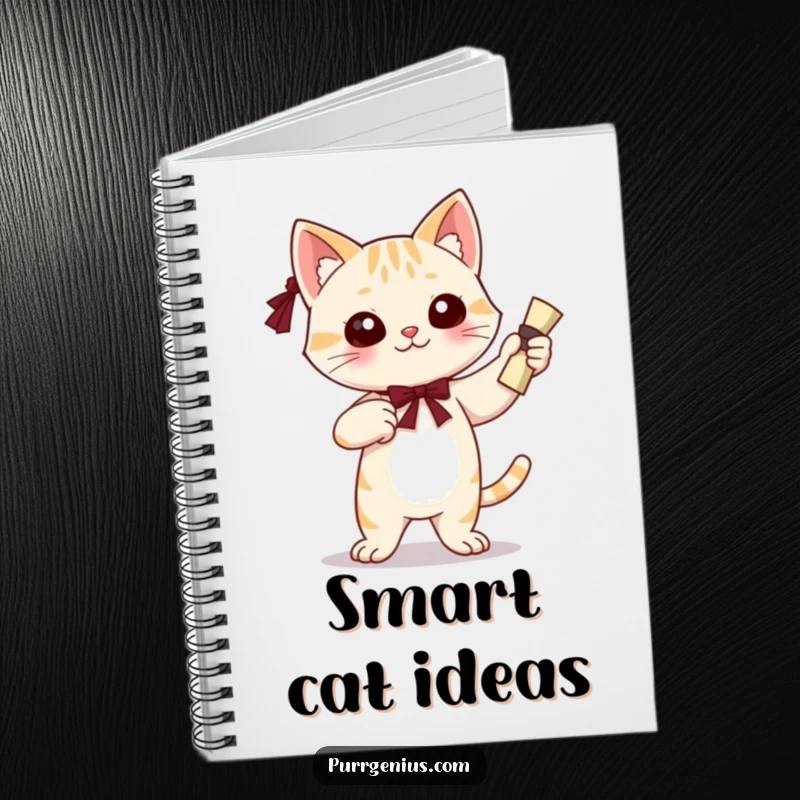 Funny notebook with a confident cat character holding a diploma on the cover, perfect for jotting down smart ideas.