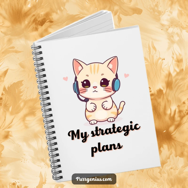 Funny Headset Cat Notebook, depicting a cat with a headset giving instructions, perfect for planning and task management.
