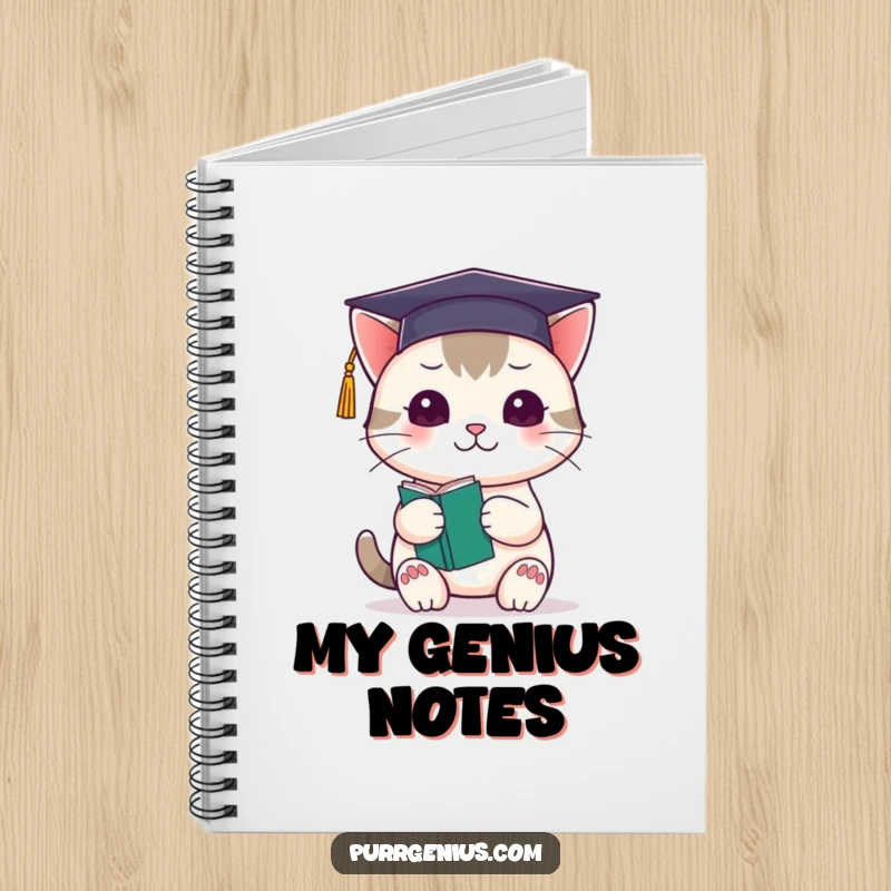 Funny kawaii cat wearing a graduation cap and holding a tiny book, on a notebook for capturing smart ideas.