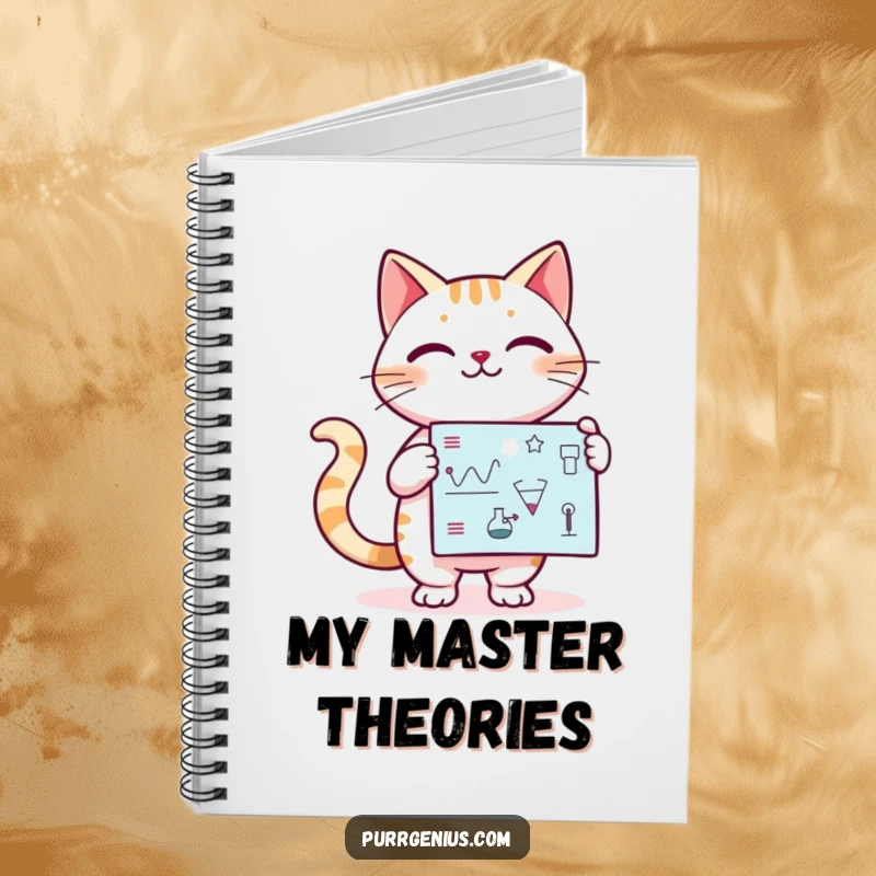Funny Kawaii cat confidently presenting a scientific diagram, cover of a notebook for jotting down ideas humorously.