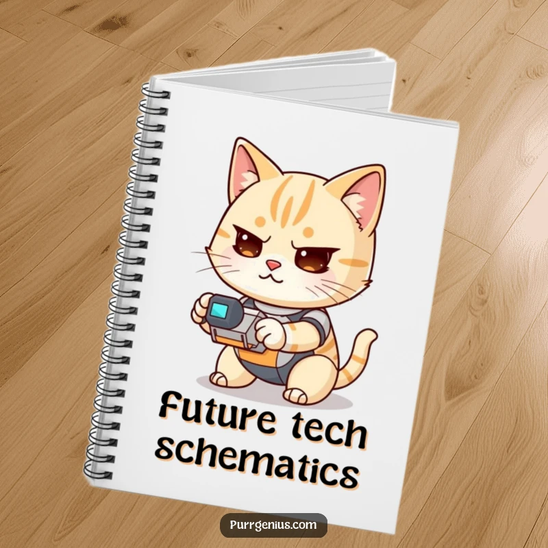 Funny Kawaii cat focused on operating a small robot, cover of a notebook for jotting down ideas and notes humorously.