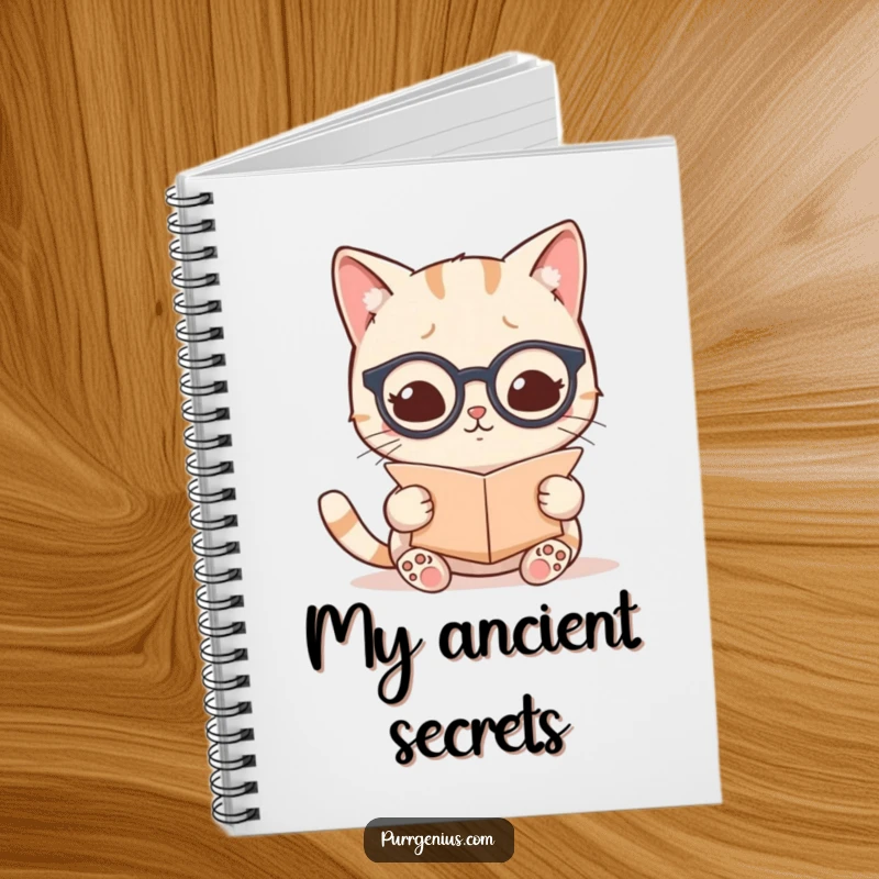 Funny kawaii cat wearing tiny spectacles and reading a scroll, on a notebook for capturing wise ideas.