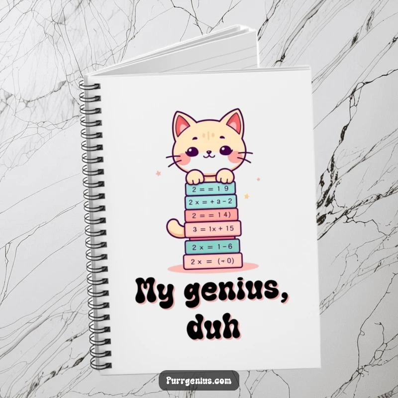 Funny notebook with a cute kawaii cat character balancing complex math equations, ideal for jotting down calculations.