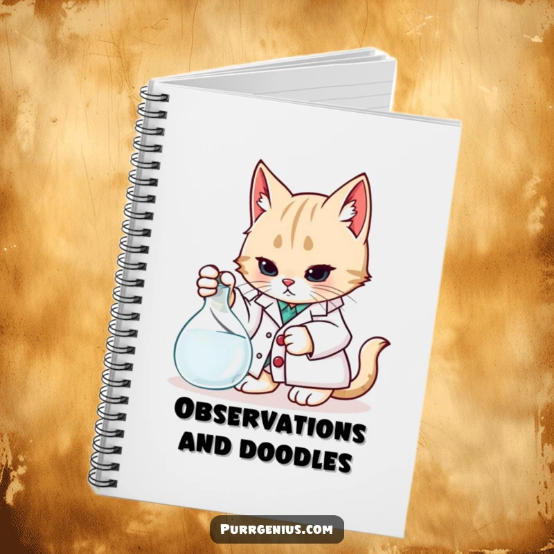 Funny Notebook: A cat in a lab coat examines a beaker, encouraging scientific notes and humorous observations.