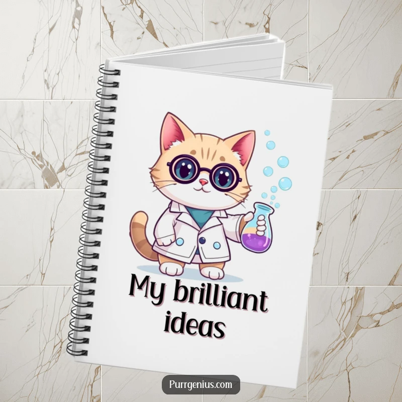 Funny scientist cat in a lab coat, holding a bubbling beaker, ready to write. This notebook is perfect for capturing brilliant thoughts.