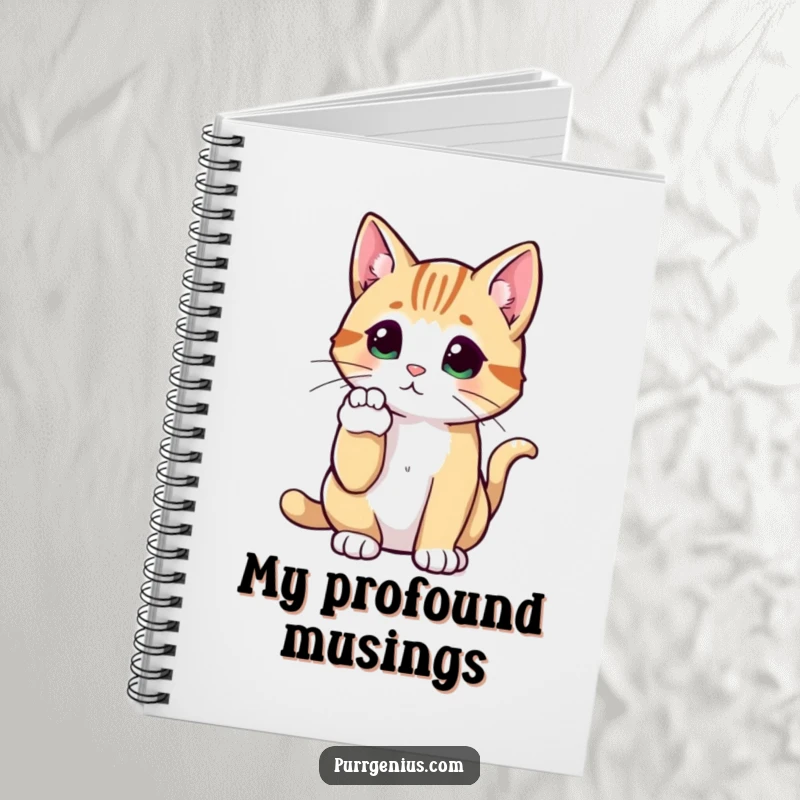 Funny Cat Notebook cover showing a cat in a thoughtful pose with a raised paw, perfect for funny journaling.
