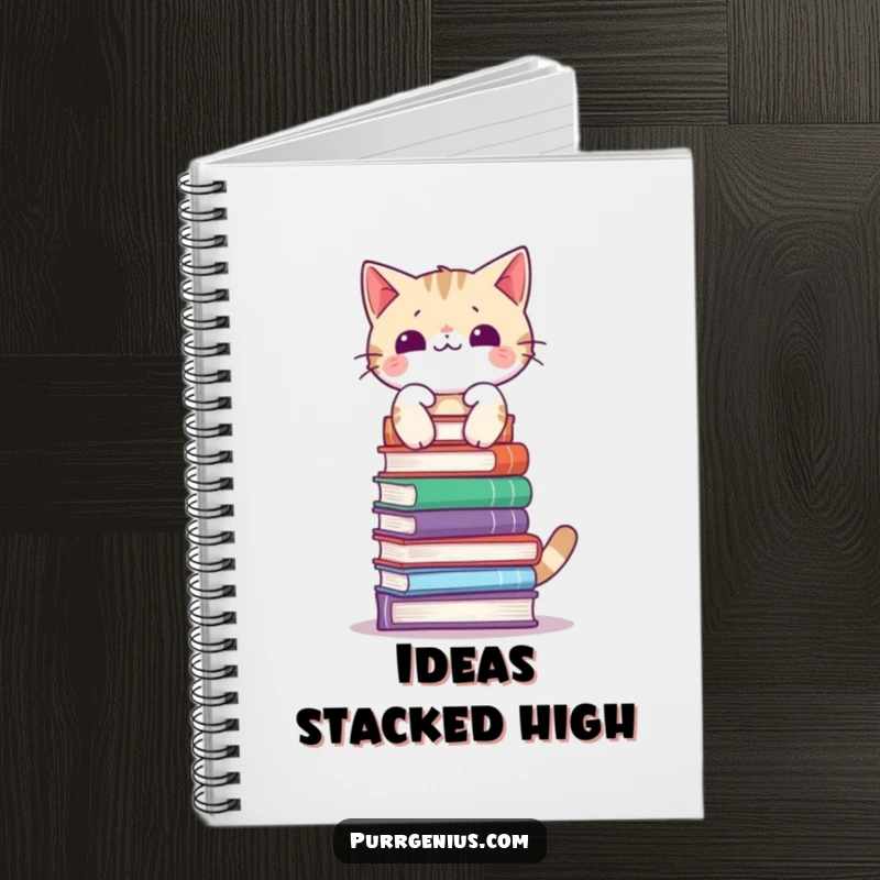 Funny notebook cover with a cat balancing a tall stack of books on its head, ready for notes and doodles.