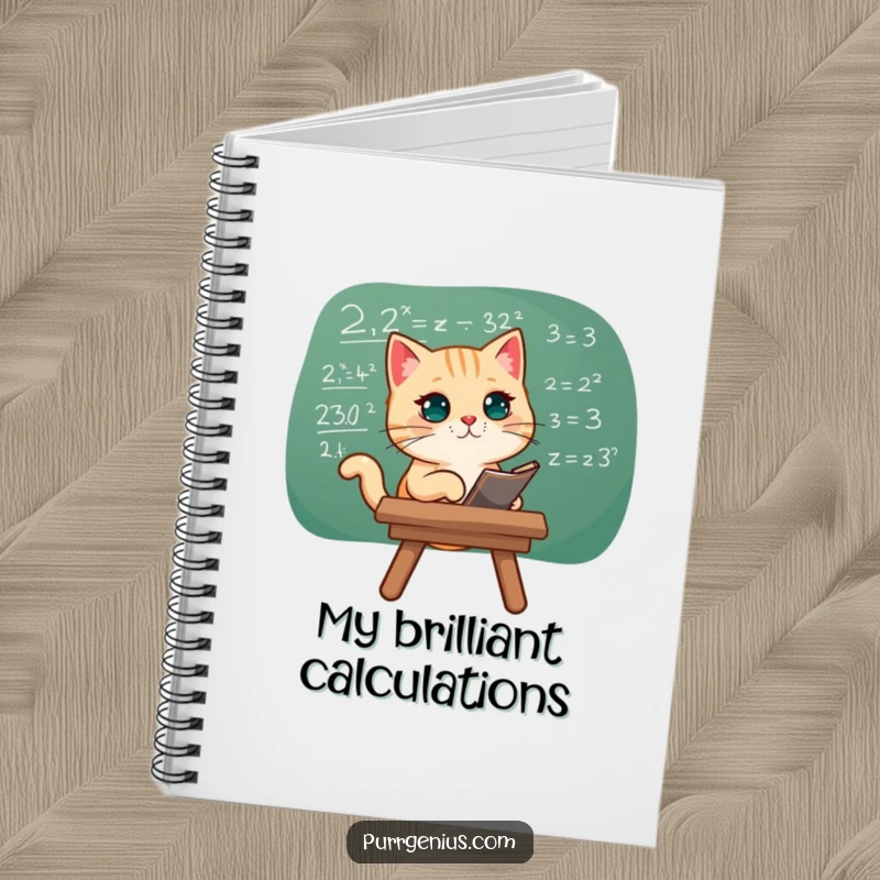 Funny notebook with a cat studying a chalkboard equation, perfect for jotting down calculations and ideas.