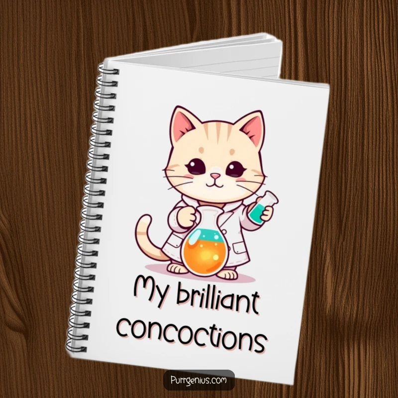 Funny Kawaii cat in a lab coat stirring a colorful beaker, cover of a notebook for jotting down scientific ideas humorously.