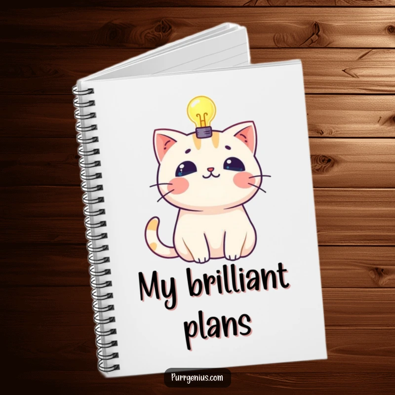 Funny kawaii cat with a glowing lightbulb above its head, on a notebook for capturing brilliant ideas.