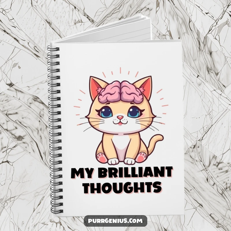 Funny Cat Notebook cover showing a cat with a radiant, glowing brain, perfect for funny note-taking and idea generation.